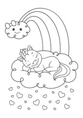 Unicorn sleeping on cloud coloring page. Black and white cartoon illustration