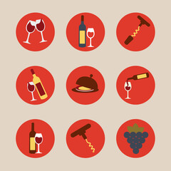 many modern beautiful icons with bottles of wine and glasses of wine in a red circle for holiday