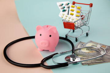 Stethoscope, drugs and money - a business concept in medicine.