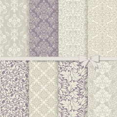 Classic collection of seamless patterns: damask, abstract in pastel violet and grey. Set of seamless damask patterns.