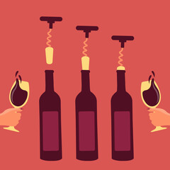 steps for crokscrew vector. hand holding wine glass. How to open a bottle of wine art cartoon concept. opened red wine bottle for holiday. winery festival flat design. opener wine key isolated uncork