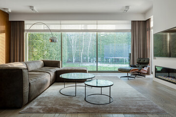 Exclusive living room with window wall - obrazy, fototapety, plakaty