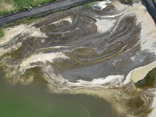 Aerial drone view of a huge colorful lake with abstract pattern.