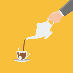 simple modern clean waiter hand Pours in to the service set Cafe vector glass isolated or cup of coffee & jug with a saucer on flat design brown background and a little simple spoon cartoon 