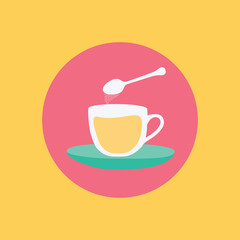 a spoon with sweet sugar over a cup of tea vector flat design style on a saucer or plate with lemon tea isolated cartoon in a circle. button for website & app