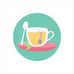 one button for web. english tea in england. cup of tea flat design style simple with tea bag modern isolated vector on a saucer or plate. green mint leaf on lemon tee in a rounded circle illustration.