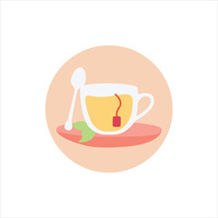 Obraz premium a spoon with sweet sugar over a cup of tea vector flat design style on a saucer or plate with lemon tea isolated cartoon in a circle. button for website & app