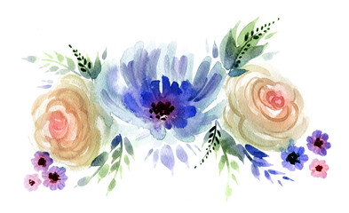 Beautiful flowers, watercolor peony and roses on a white background. Postcard for the wedding. - 361516219
