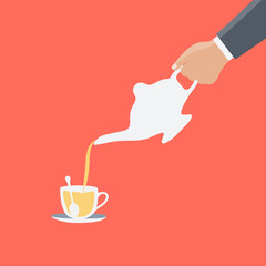 isolated cartoon human hand clean simple of business man or male Pours a tea from a tea service set teapot flat design style vector to a glass or cup of tea with a saucer on red background 