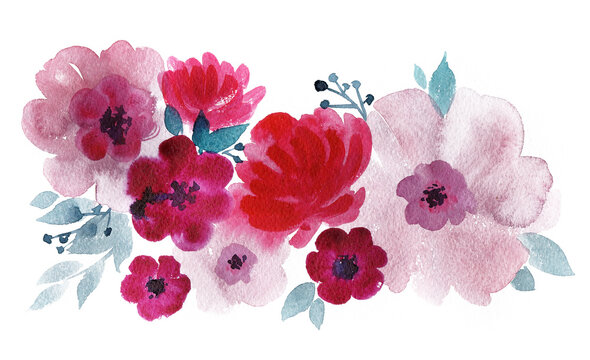 Spring branch of watercolor pink flowers for postcards for wedding, anniversary, Mother's Day. 