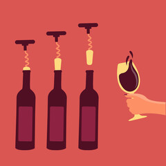 How to open a bottle of wine art cartoon concept. opened red wine bottle for holiday. winery festival flat design. opener wine key isolated uncork. steps for crokscrew vector. hand holding wine glass.
