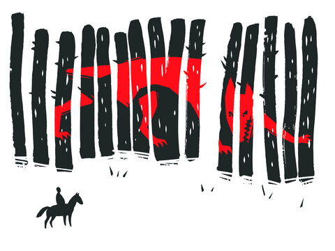 an illustration of a traveler on horseback facing an angry red wolf at the entrance to a dark forest
