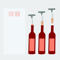red wine bottle for winery festival flat design vector or holiday. opener isolated modern wine uncork & open bottle of wine. Three steps cartoon - open the wine bottle & space with text here