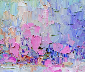Expressive embossed paint on canvas, created using palette knife technique of oil painting. Primary colors: purple, white, turquoise, blue, pink, violet. 