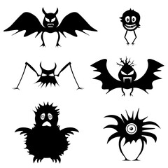 Set of monsters. Simple isolated icons for celebratory design. Black silhouettes on a white background.