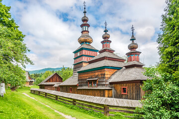 View at the Wooden church Church of Protection of the Blessed Virgin from Zboj in Bardejovske kupele town, Slovakia