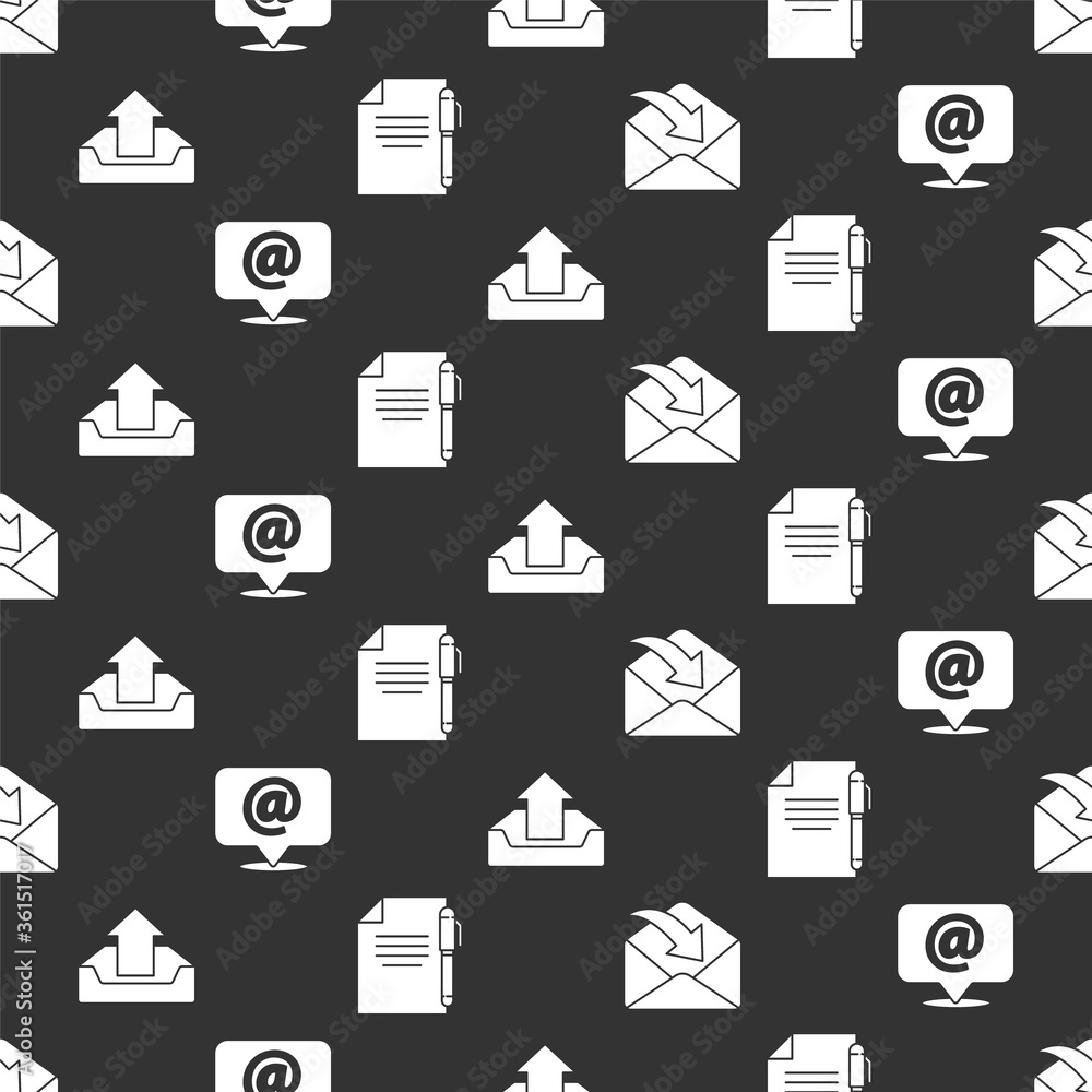 Poster set envelope, mail and e-mail on speech bubble, upload inbox and document and pen on seamless patter