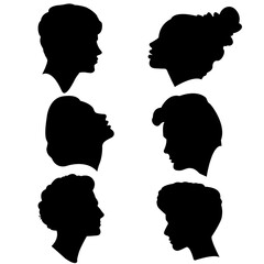 Set of silhouettes of men and women in profile. Vector male and female icons. Isolated illustrations of different people.