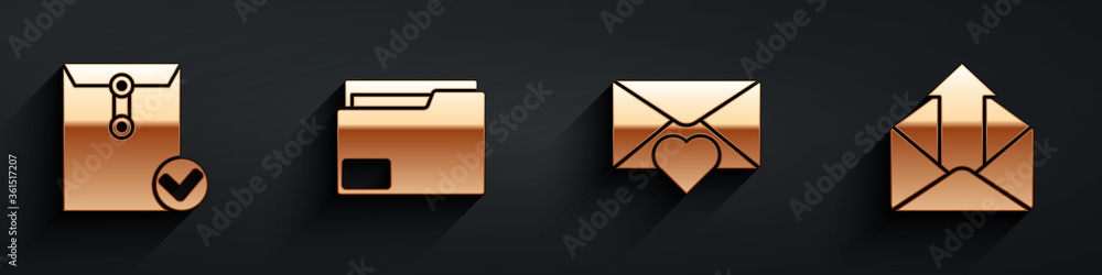 Aufkleber set envelope and check mark, document folder, envelope with valentine heart and outgoing mail icon w