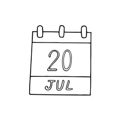 calendar hand drawn in doodle style. July 20. International Chess Day, Cake, date. icon, sticker, element, design. planning, business holiday