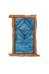 Dark blue indigo wooden door, watercolr illustration