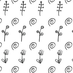 Seamless pattern with black flowers and branches on a white background. vector
