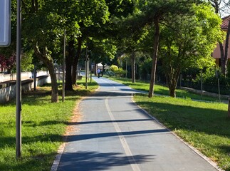 Blue bike path through a public park with lawns and trees (Pesaro, Italy, Europe)