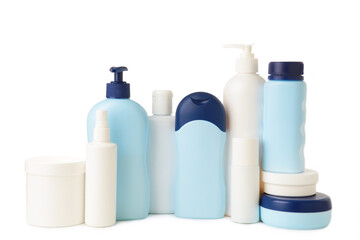 Different cosmetic bottles isolated on white background