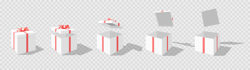 Set of opening boxes at different angles in perspective. Pink cardboard box. Surprise gift box. Carton gift boxes delivery packaging open and closed box with bows mockup set