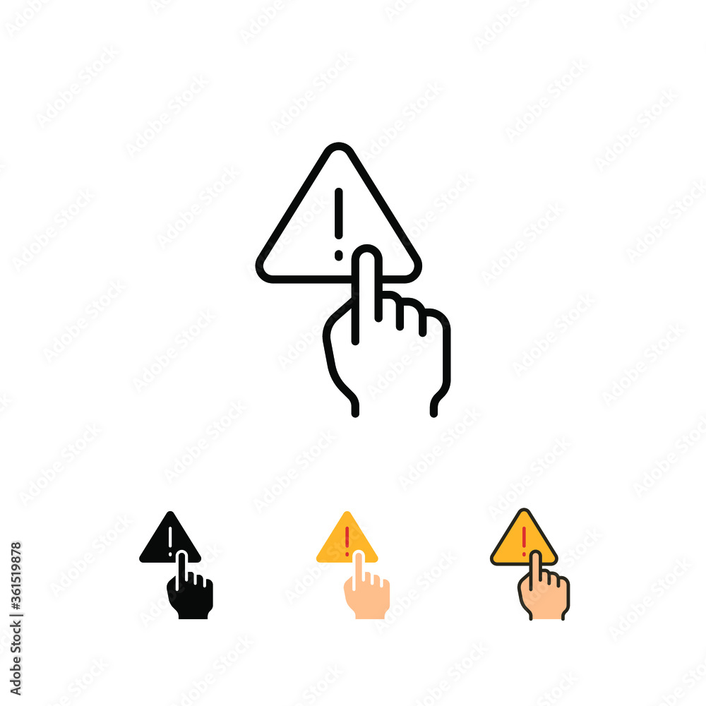 Aufkleber index finger touch triangle warning symbol with exclamation mark inside for no manage hand sign. fin
