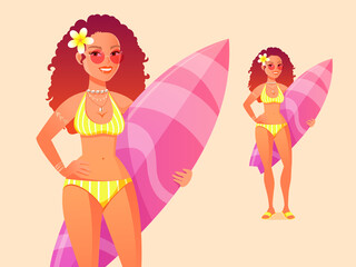 Surf girl character. Girl with surfboard. Vector illustration. 