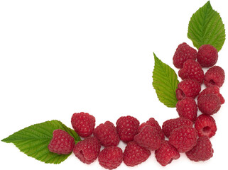 Raspberry with leaves in a corner isolated on a white background