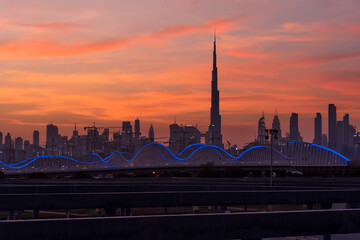 Sunset in Dubai. Beautiful evening sky, panoramic dubai