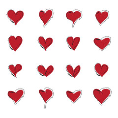Red heart brush hand drawn icon set isolated on white background. Red hearts icon for love symbol and Valentine's day. Dry brush painted collection of hearts, creative art concept. Vector illustration
