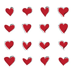 Red heart brush hand drawn icon set isolated on white background. Red hearts icon for love symbol and Valentine's day. Dry brush painted collection of hearts, creative art concept. Vector illustration