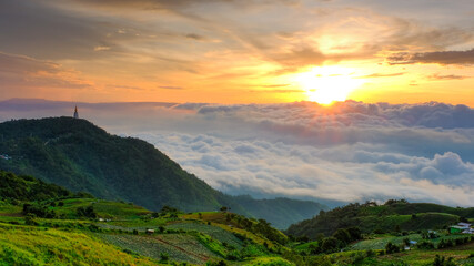 Beautifull sunrise and foggy landscape at Phu Tab Burk and are Popular tourism in rainy season of Phet Cha Boon province, Thailand.