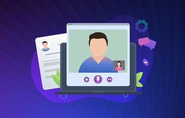 Online remote job interview with candidate via video call conference illustration concept. Interview in modern world realities. Candidate's summary of the hiring on the background.