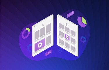 A B split testing illustration concept - two webpages with a different web development UI interface. A-B comparison with positive feedback, flat vector icon with violet background