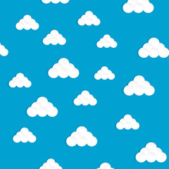 White cartoon clouds set isolated on blue background. Collection of different clouds for web site, background template, wallpaper and sky design. Creative modern concept. Clouds vector illustration