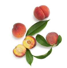 ripe red peach and green leaves, sweet fruit isolated on a white background