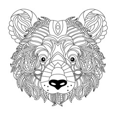 Bear head coloring book illustration. Antistress coloring for adults. black and white lines. Print for t-shirts and coloring books.	
