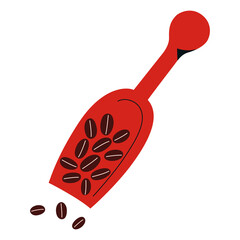 Coffee scoop with coffee beans pile, utensil for coffee shop, kitchenware, wooden blade, isolated icon, hand drawn doodle vector illustration