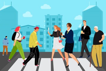 People on crossroad. Man woman crossing road on crosswalk. City street traffic rules vector illustration