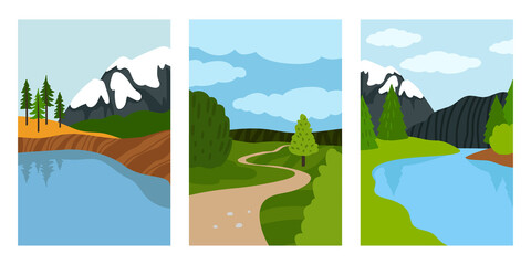 Composition landscapes cards. Relaxing nature posters, spring landscape to vacation, cartoon places for resting on weekend, vector country scenery set