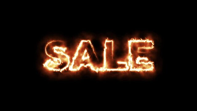 Animated Burning Sale Text with Realistic Fire Flame and Smoke on Isolated Black Background. Business Promotional Concept Motion Graphic.