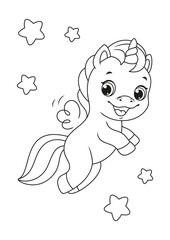 Flying Happy Unicorn Coloring Page. Black and white cartoon illustration