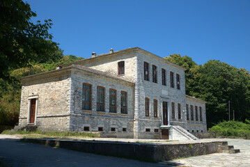 Fototapeta na wymiar Greece, Pelion mountain, Tsagarada city, traditional building, built with stones.school
