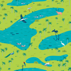 Seamless pattern of Bird Sanctuary landscape