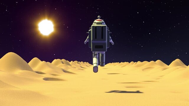 Spaceman in spacesuit run on moon surface back view. Astronaut third person game view. 3D render looped animation.