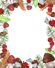 Cute frame for cards or posters with forest elements in red, green and gray colors. All elements are hand-drawn for decoration and design.